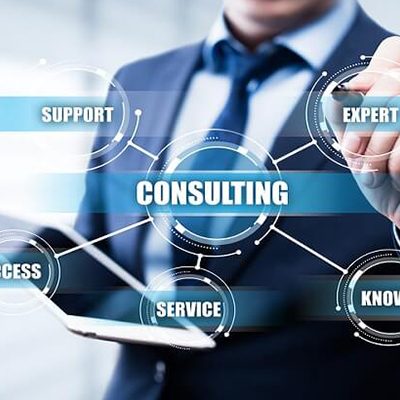 Consultant with support, consulting and service icons